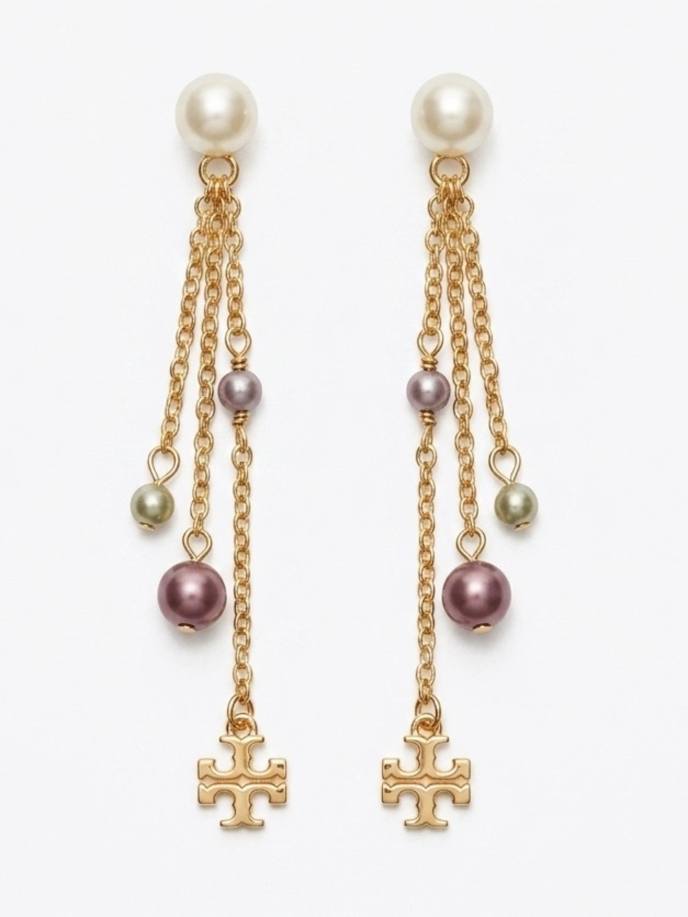 Tory Burch Gold-Tone Drop Earrings with Multicolored Pearls